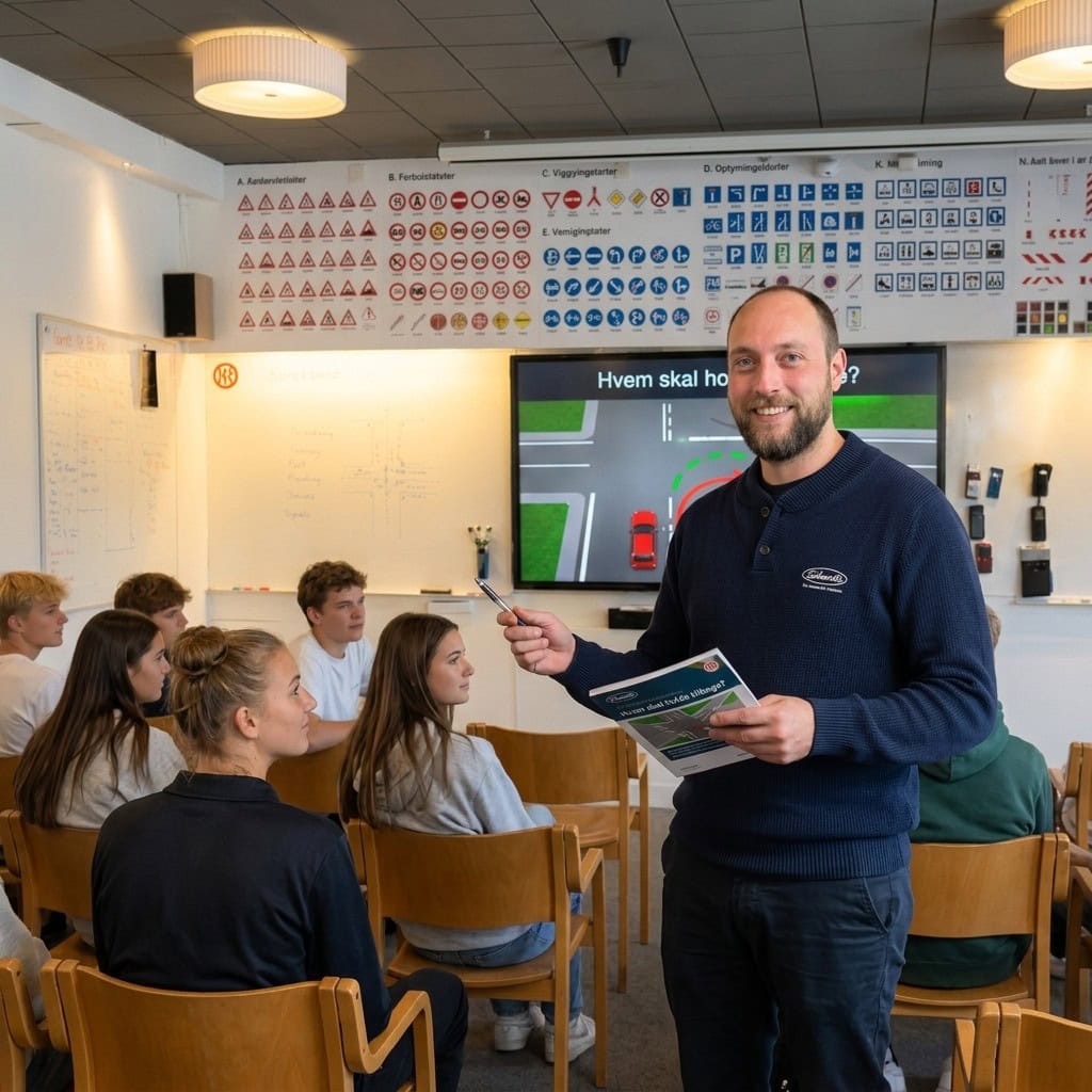 Køreundervisning hos Schmidt Køreskole Instruktør underviser elever i køreteori i Odense.