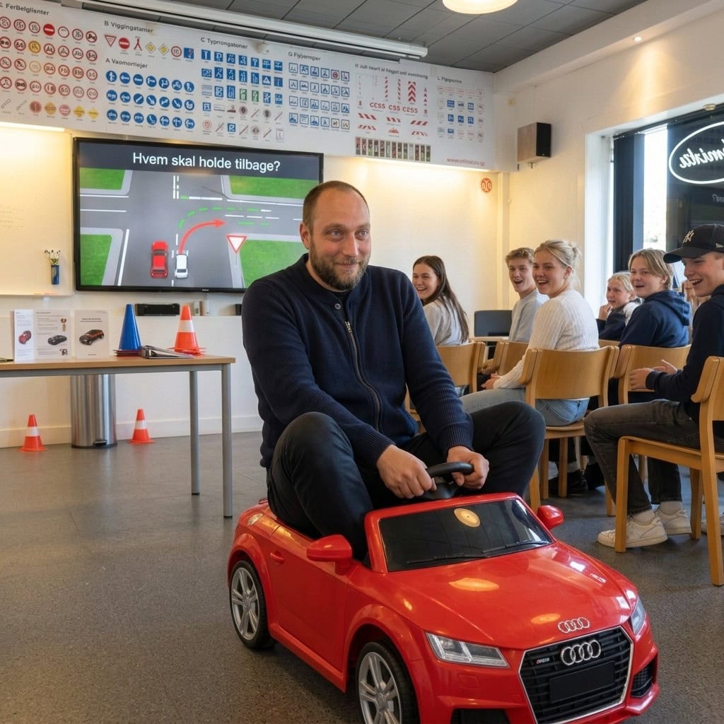 Kørelektion hos Schmidt Køreskole i Odense Mand i køreundervisning i en simulator med børn i baggrunden.